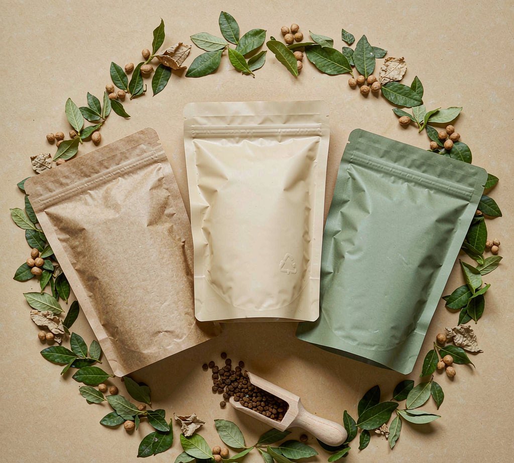 Sustainable pet food packaging concept — recyclable pouches with leaves and a recycle loop
